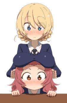 2girls absurdres black_necktie blonde_hair blue_eyes blue_jacket blush breast_rest breasts breasts_on_head commentary_request darjeeling_(girls_und_panzer) embarrassed girls_und_panzer highres jacket jinguu_(4839ms) large_breasts long_hair looking_at_another multiple_girls necktie red_eyes red_hair rosehip_(girls_und_panzer) school_uniform shirt simple_background sitting st._gloriana's_school_uniform standing table white_background white_shirt