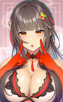 1girl :o akano_murasaki black_hair blunt_bangs bra breasts brown_hair cleavage collarbone colored_extremities commentary_request highres honkai:_star_rail honkai_(series) index_fingers_raised jewelry large_breasts lingsha_(honkai:_star_rail) long_hair looking_at_viewer multiple_rings open_mouth orange_eyes pointy_ears portrait red_hands ring solo underwear white_bra