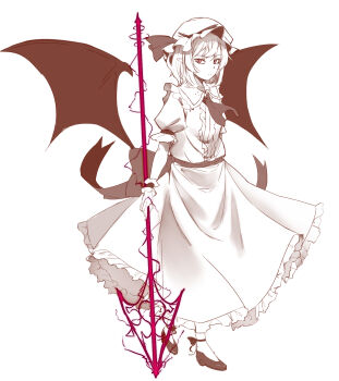 1girl ascot bat_wings dress frilled_dress frilled_wrist_cuffs frills full_body hat highres holding holding_polearm holding_weapon kanaria_(bcomn) looking_at_viewer mob_cap monochrome pointy_ears polearm puffy_short_sleeves puffy_sleeves remilia_scarlet sepia shoes short_hair short_sleeves solo spot_color touhou vampire weapon wings wrist_cuffs