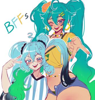 2girls absurdres aqua_hair argentina argentinian_flag argentinian_flag_print argentinian_miku blush brazil brazilian_flag brazilian_miku breasts couple dark-skinned_female dark_skin earrings flag_print flower hair_ornament hatsune_miku highres jewelry large_breasts lolie_art long_hair multiple_girls open_mouth shirt short_sleeves smile striped_clothes tan twintails very_long_hair vocaloid worldwide_miku yellow_shirt