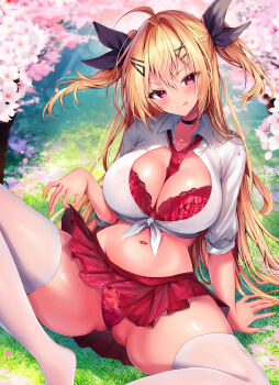 1girl :q absurdres between_breasts black_choker blonde_hair blush bra breasts cherry_blossoms choker cleavage closed_mouth clothes_between_breasts commentary_request day fingernails grass hair_between_eyes hair_ornament hairclip highres large_breasts long_hair looking_at_viewer microskirt nail_polish navel necktie necktie_between_breasts nenobi_(nenorium) on_ground original outdoors pants red_bra red_eyes red_necktie red_pants red_skirt sitting skirt solo spread_legs stomach thighhighs tongue tongue_out two_side_up underwear very_long_hair white_thighhighs yellow_nails