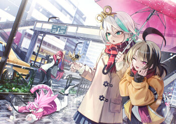 Rule 34 | > <, 4girls, :o, ;d, ahoge, alternate costume, animal ears, bag, bird, bird on hand, black gloves, black hair, black pants, black pantyhose, black shirt, black skirt, black sweater, blue fire, blue hair, blush, braid, brown coat, brown hair, cat ears, cat tail, cecilia immergreen, coat, colored inner hair, commentary, day, doll, doll joints, double-parted bangs, elizabeth rose bloodflame, fallen down, fire, fur-trimmed coat, fur-trimmed jacket, fur trim, gigi murin, gloves, green eyes, green hair, grey hair, hair between eyes, hair intakes, hair ornament, handbag, highres, holding, holding umbrella, holojustice, hololive, hololive english, hood, hooded jacket, huge ahoge, jacket, joints, long hair, miniskirt, multicolored hair, multiple girls, one eye closed, open mouth, outdoors, panther ears, panther girl, panther tail, pants, pantyhose, pink coat, pink eyes, pink hair, pleated skirt, purple eyes, raora panthera, red eyes, red hair, red scarf, ribbed sweater, scarf, sharp teeth, shirt, short hair, short twintails, side braid, single braid, skirt, slit pupils, smile, snow, standing, streaked hair, sweater, tail, tears, teeth, twintails, two-tone hair, umbrella, very long hair, virtual youtuber, white coat, white hair, white jacket, white pantyhose, white shirt, winding key, winter clothes, winter uniform, wszkii, yellow coat, yellow jacket