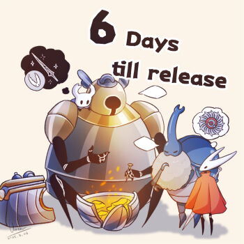 1boy 1other 2girls armor arthropod_boy arthropod_girl beetle black_skin blank_speech_bubble bug cloak clovergrasswang colored_skin commentary dated english_commentary english_text forge_daughter_(hollow_knight) helmet hollow_eyes hollow_knight hollow_knight:_silksong hollow_knight_(character) horned_mask hornet_(hollow_knight) insect knight_(hollow_knight) mask multiple_girls nail_(hollow_knight) nailsmith_(hollow_knight) needle_(hollow_knight) red_cloak signature sitting speech_bubble thought_bubble tool_(hollow_knight) weapon weapon_on_back white_mask