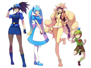 1boy 3girls ahri_(league_of_legends) akali apron artist_name black_hair blue_dress blue_footwear blue_gloves braid brown_hair brown_legwear brown_shorts commentary cosplay dress english_commentary facial_mark fingerless_gloves foot_up full_body gen_1_pokemon gloves green_shirt grey_background happy hat holding holding_poke_ball jenny_(pokemon)_(cosplay) joy_(pokemon)_(cosplay) league_of_legends long_hair multiple_girls neck_ribbon ninetales ninetales_(cosplay) nintendo nurse_cap one_eye_closed own_hands_together pantyhose poke_ball pokemon police police_uniform puffy_short_sleeves puffy_sleeves red_ribbon ribbon shirt shoes short_hair short_sleeves shorts simple_background smile sona_(league_of_legends) stuffed_toy teemo teeth upper_teeth_only v vmat waist_apron whisker_markings white_apron white_legwear