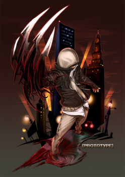 1boy activision alex_mercer black_claws black_jacket building city claws hood hooded_jacket hoodie jacket keisukegumby lamppost mutation open_clothes open_jacket prototype_(game)