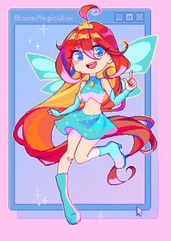 1girl absurdly_long_hair absurdres ahoge bare_shoulders bloom_(winx_club) blue_arm_warmers blue_boots blue_eyes blue_shirt blue_skirt blue_wings blush_stickers boots character_name chest_jewel colored_inner_hair commentary crop_top english_commentary eyelashes eyes_visible_through_hair fairy fairy_wings floating_clothes full_body gem glitter hair_between_eyes happy high_heel_boots high_heels highres knees leg_up long_hair long_hair_between_eyes looking_at_viewer magical_girl midriff mimichair miniskirt multicolored_hair navel open_mouth orange_hair outline pink_background pixel_art red_hair shirt skirt skirt_set sleeveless sleeveless_shirt smile solo sparkle standing teeth turtleneck turtleneck_shirt two-tone_hair upper_teeth_only very_long_hair wavy_hair white_outline window_(computing) wings winx_club yellow_gemstone