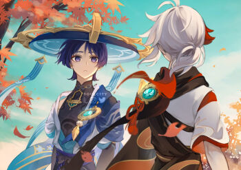 2boys armor artist_name black_bow black_coat black_scarf black_shirt blue_cape blue_hat blue_ribbon blue_sky blunt_ends bow branch bridal_gauntlets cape closed_mouth cloud coat commentary day english_commentary expressionless eyeshadow facing_away falling_leaves from_behind genshin_impact haori hat hat_ribbon instagram_logo jacket japanese_armor japanese_clothes jingasa kaedehara_kazuha kimono leaf looking_at_another makeup male_focus medium_hair multicolored_hair multiple_boys open_clothes open_jacket outdoors parted_bangs pom_pom_(clothes) ponytail purple_eyes purple_hair purple_sash red_eyeshadow red_hair red_ribbon red_scarf ribbon sash scaramouche_(genshin_impact) scarf shirt short_hair short_sleeves shoulder_armor single_sode sky sleeveless sleeveless_shirt sode soulc1ty streaked_hair tassel tree twitter_logo upper_body vision_(genshin_impact) wanderer_(genshin_impact) white_hair white_jacket white_kimono