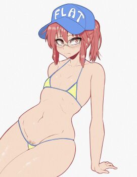 1girl baseball_cap bikini blush breasts collarbone curvy female_pubic_hair flat_cap flat_chest glasses hat highres kobayashi-san_chi_no_maidragon kobayashi_(maidragon) looking_at_viewer micro_bikini navel ponytail pubic_hair red_eyes red_hair skindentation small_breasts solo stomach swimsuit thick_thighs thighs white_background wide_hips young_savage
