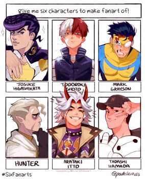 6+boys arataki_itto bandage_on_face bandages baseball_cap baymax big_hero_6 black_eyes black_hair blonde_hair blood blood_on_clothes blood_on_face blue_eyes boku_no_hero_academia broken_mask burn_scar character_name diamond_wa_kudakenai facial_scar genshin_impact goggles grey_eyes hat heterochromia higashikata_josuke highres horns hunter_(the_owl_house) ice injury invincible_(character) invincible_(series) jojo_no_kimyou_na_bouken looking_at_viewer looking_to_the_side mask multicolored_hair multiple_boys multiple_drawing_challenge nosebleed oni_horns padeliciouss pointy_ears pompadour red_eyes red_hair robot scar scar_across_eye scar_on_cheek scar_on_face scarf single_hair_intake six_fanarts_challenge smile spiked_hair split-color_hair superhero_costume tadashi_hamada the_owl_house todoroki_shoto two-tone_hair v v_over_eye white_hair
