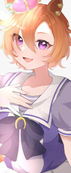 1girl absurdres animal_ears blush bow bowtie breasts crown ear_ornament hair_between_eyes highres horse_ears horse_girl horse_tail kurumiya_(krmy_p) looking_at_viewer mini_crown open_mouth orange_hair pink_crown puffy_short_sleeves puffy_sleeves purple_bow purple_bowtie purple_eyes purple_shirt sailor_collar sailor_shirt school_uniform shirt short_hair short_sleeves skirt smile solo t.m._opera_o_(umamusume) tail tracen_school_uniform umamusume upper_body white_sailor_collar white_skirt