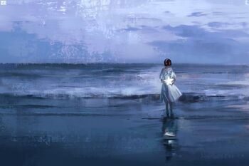 Rule 34 | 1girl, alien stage, anirrie, artist name, black hair, commentary, dress, earrings, english commentary, hairband, highres, holding, holding star, jewelry, ocean, short hair, signature, solo, star (symbol), sua (alien stage), white dress, white hairband