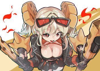 1girl absurdres artist_name black-framed_eyewear black_gloves black_jacket black_skirt blonde_hair breasts burnice_white cleavage commentary_request dual_wielding fingerless_gloves flamethrower from_above gloves hair_ornament highres holding holding_flamethrower holding_weapon jacket kara_kurage large_breasts looking_at_viewer medium_hair open_mouth red-tinted_eyewear red_eyes skirt smile solo tinted_eyewear twintails twitter_username two-tone_background upper_body weapon white_background yellow_background zenless_zone_zero
