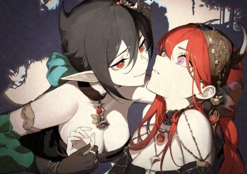 2girls anths arknights black_dress black_hair breasts cleavage commentary_request demon_horns dress entelechia_(arknights) hair_between_eyes highres horns long_hair medium_breasts mole mole_under_eye multiple_girls pointy_ears purple_eyes red_eyes red_hair slit_pupils surtr_(arknights)
