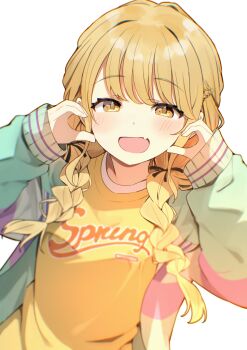 1girl absurdres black_ribbon blonde_hair blurry blush braid braided_twintails clothes_writing commentary_request fang fujita_kotone gakuen_idolmaster green_jacket hair_ornament hair_ribbon hairclip hands_up heart heart_hands highres idolmaster jacket long_hair long_sleeves looking_at_viewer low_twintails multicolored_jacket najimi_(track_saba) open_clothes open_jacket open_mouth purple_jacket ribbon shirt simple_background skin_fang solo swept_bangs t-shirt twintails upper_body white_background yellow_eyes yellow_shirt