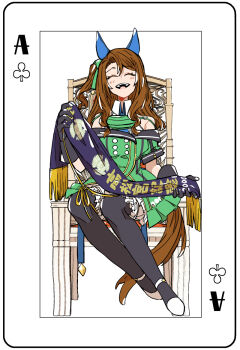 1girl ace_(playing_card) ace_of_clubs animal_ears asuka_(junerabitts) black_gloves black_thighhighs blush bow breasts brown_hair card closed_eyes club_(shape) coat commentary_request dress ear_bow ear_covers ear_ribbon frilled_thighhighs frills gloves green_bow green_dress hair_between_eyes horse_ears horse_girl horse_tail king_halo_(king_of_emeralds)_(umamusume) king_halo_(umamusume) long_hair off-shoulder_coat off-shoulder_dress off_shoulder open_mouth playing_card shirt sitting smile solo tail thighhighs umamusume