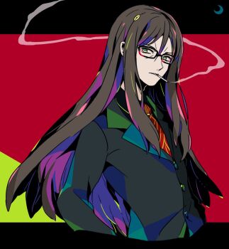 1boy black_hair black_jacket black_shirt collared_shirt commentary_request fate/grand_order fate_(series) glasses green_eyes hair_between_eyes highres jacket long_hair long_sleeves looking_at_viewer male_focus mizuki_tsukimori necktie rectangular_eyewear red_necktie shirt smoke smoke_trail smoking solo upper_body waver_velvet