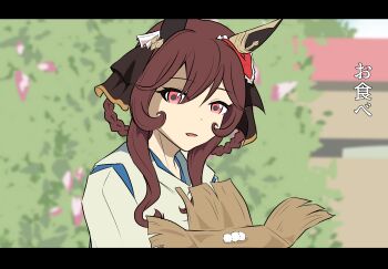 1girl absurdres animal_ears blurry blurry_background braid braided_hair_rings brown_hair commentary_request cosplay ear_covers ear_ornament food gentildonna_(umamusume) hair_between_eyes hair_rings haku_(sen_to_chihiro_no_kamikakushi) haku_(sen_to_chihiro_no_kamikakushi)_(cosplay) highres horse_ears japanese_clothes kariginu letterboxed long_hair looking_at_viewer onigiri outdoors parody red_eyes scene_reference sen_to_chihiro_no_kamikakushi sidelocks solo translated umamusume wakkigen