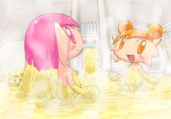 2girls 3boys alesa_(tomato_adventure) animal antenna blonde_hair blue_eyes blush blush_stickers chibi closed_eyes demille double_bun flat_chest food_on_body frog hair_bun hair_ornament hairclip hat loli long_hair looking_at_viewer mayonnaise multiple_boys multiple_girls nude onsen open_mouth orange_eyes orange_hair partially_submerged pasaran_(tomato_adventure) pink_eyes pink_hair selemo_(tomato_adventure) shota smile sofubi_(tomato_adventure) standing steam tomato_adventure towel towel_on_head wading yamanokonza