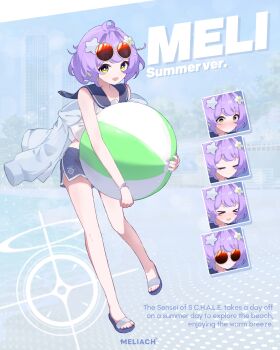 >_< 1boy absurdres ahoge ball beachball black_eyes black_sailor_collar black_skirt blue_archive blush bracelet character_name closed_eyes closed_mouth commentary english_text hair_intakes hair_ornament highres holding holding_ball jacket jacket_partially_removed jewelry looking_at_viewer male_focus meli_(meliach) meliach multiple_expressions multiple_views original purple_hair red-tinted_eyewear sailor_collar schale_logo shirt short_hair side_slit skirt sleeveless sleeveless_shirt slippers standing star_(symbol) star_hair_ornament tinted_eyewear white_jacket white_shirt yellow_eyes