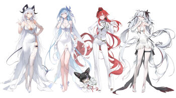 4girls absurdres ahoge alternate_costume alternate_hair_length alternate_hairstyle ascot bare_shoulders barefoot black_flower black_hairband black_horns black_tail blake_bloom_(wuthering_waves) blue_hair breasts bridal_veil buttons camellya_(wuthering_waves) cleavage closed_mouth commentary covered_navel curled_horns demon_tail double-breasted dress earrings elbow_gloves english_commentary flower gloves hair_between_eyes hair_flower hair_ornament hairband hand_on_own_hip hand_up high_ponytail highres horns jacket jewelry large_breasts long_dress long_hair long_sleeves looking_at_viewer medium_breasts merchandise_available multicolored_hair multiple_girls o-ring o-ring_thigh_strap pants pantyhose parted_lips pointing pointing_at_viewer pointy_ears ponytail purple_eyes red_eyes red_hair revision rose shorekeeper_(wuthering_waves) smile streaked_hair suit_jacket tail thigh_strap thighhighs twintails veil very_long_hair wedding_dress white_ascot white_dress white_flower white_gloves white_hair white_jacket white_pants white_pantyhose white_rose white_thighhighs white_veil wuthering_waves yinlin_(wuthering_waves) youngjoo_kjy zani_(wuthering_waves) zapstring_(wuthering_waves)
