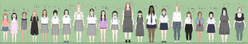 absurdres adelina_(kuzukago) adelina_(kuzukago_bitchmaker) angelica_(kuzukago) bare_legs black_hair blonde_hair blue_eyes braid breasts brown_hair closed_mouth dark-skinned_female dark_skin dress flat_chest glasses green_eyes grey_dress grey_skirt height_chart height_difference highres huge_breasts isabella_(kuzukago) jessica_(kuzukago) jessica_(kuzukago_bitchmaker) jewelry kuzukago_(bitchmaker) large_breasts lisa_(kuzukago_bitchmaker) long_hair looking_at_viewer madoka_(kuzukago_bitchmaker) maria_(kuzukago) marumi_(kuzukago_bitchmaker) medium_breasts multiple_girls nanao_(kuzukago_bitchmaker) necklace nene_(kuzukago) open_mouth orange_hair pink_lips rana_(kuzukago) red_ribbon reference_sheet ribbon rika_(kuzukago_bitchmaker) rin_(kuzukago_bitchmaker) school_uniform shirt shorstack short_hair short_shirt shuga_(kuzukago_bitchmaker) simple_background skirt small_breasts smile straight_hair tae_(kuzukago_bitchmaker) tagme tall_female tama_(kuzukago) tongue twintails waka-chan_(kuzukago_bitchmaker) waka_(kuzukago_bitchmaker) white_shirt