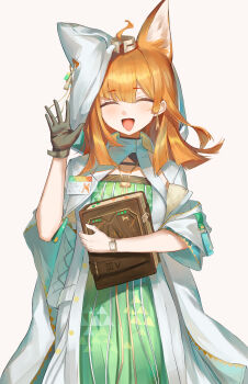 Rule 34 | 1girl, :d, ^ ^, absurdres, animal ears, arknights, black gloves, book, closed eyes, commentary request, gloves, highres, holding, holding book, medium hair, monochrome background, open mouth, orange hair, papyrus (arknights), puranetto (vjun4748), simple background, smile, solo