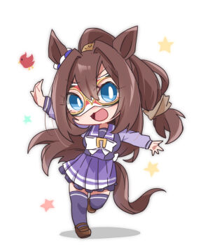 1girl :d animal_ears beer_hsk blue_eyes bow brown_hair brown_shoes chibi commentary_request el_condor_pasa_(umamusume) eye_mask full_body hair_between_eyes hair_intakes horse_ears horse_girl horse_tail long_hair long_sleeves mask open_mouth pleated_skirt ponytail puffy_long_sleeves puffy_sleeves purple_shirt purple_skirt purple_thighhighs school_uniform shadow shirt shoes simple_background skirt smile solo standing standing_on_one_leg star_(symbol) tail thighhighs tracen_school_uniform umamusume v-shaped_eyebrows very_long_hair white_background white_bow