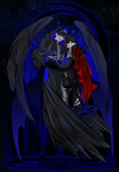 Rule 34 | 2boys, absurdres, ambiguous black liquid, armor, black coat, black gloves, black hair, black shirt, capelet, cloak, coat, collar, commentary request, curtained hair, dancing, demon horns, dripping, fingernails, full body, gloves, glowing, hayu beck, head tilt, highres, holding hands, hood, hood up, hooded cloak, horns, kim dokja, knight, korean commentary, large arm, long fingernails, looking at viewer, male focus, multiple boys, omniscient reader's viewpoint, open clothes, popped collar, red cloak, red eyes, scabbard, sheath, shirt, short hair, shoulder armor, skeleton print, smile, yoo joonghyuk