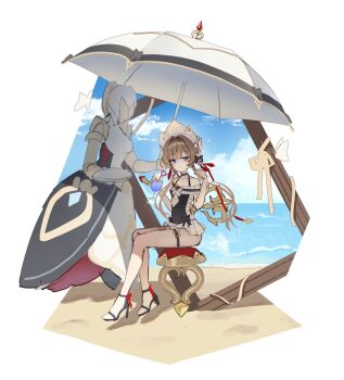 1girl automaton_(object) bare_shoulders black_ribbon blue_eyes bonnet bow brown_hair cocktail cocktail_glass commentary crazy_straw cup drink drinking_glass drinking_straw frilled_one-piece_swimsuit frills genshin_impact hair_bow hair_ribbon headdress heart_straw highres holding holding_drink holding_umbrella korean_commentary long_sidelocks on_stool one-piece_swimsuit parasol picture_frame pine_(angel4195202) red_ribbon ribbon sandrone_(genshin_impact) short_hair short_hair_with_long_locks sidelocks sitting stool swimsuit thigh_strap umbrella white_headdress winding_key
