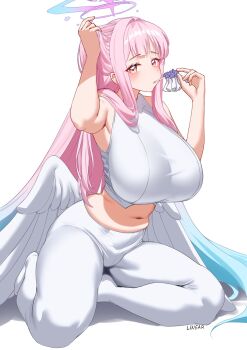 1girl alternate_costume angel_wings armpits artist_name blue_archive breasts commentary english_commentary feathered_wings gradient_hair gradient_halo hair_down halo highres large_breasts leggings linear_71 long_hair low_wings mika_(blue_archive) multicolored_hair multicolored_halo navel pink_hair pink_halo plump simple_background sleeveless solo white_background white_leggings white_wings wings yellow_eyes