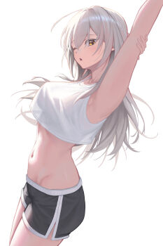 1girl absurdres arm_up armpits black_shorts bowlp breasts commentary dolphin_shorts grey_hair highres honkai:_star_rail honkai_(series) long_hair medium_breasts navel shorts simple_background solo stelle_(honkai:_star_rail) stomach tank_top trailblazer_(honkai:_star_rail) white_background white_tank_top yellow_eyes