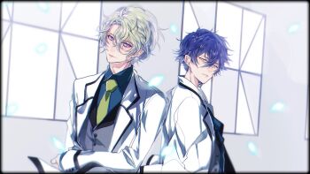 2boys blonde_hair blue_eyes blue_hair ensemble_stars! eve_(ensemble_stars!) highres jacket kaa looking_at_another multiple_boys necktie sazanami_jun short_hair tomoe_hiyori vest wavy_hair white_jacket