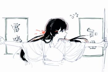 Rule 34 | 1girl, archery, black eyes, black hair, bow (weapon), cosplay, cropped torso, expressionless, floating hair, from side, hair ornament, hair ribbon, hairclip, holding, holding bow (weapon), holding weapon, japanese clothes, kimono, kyuudou, long hair, manimani (vocaloid), muneate, nijisanji, outstretched arms, parted lips, partially colored, pink ribbon, popoyu, profile, ribbon, short sleeves, simple background, sketch, solo, spread arms, tsukino mito, upper body, virtual youtuber, weapon, white background