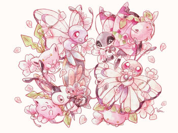 alternate_color beautifly bright_pupils butterfree cherry_blossoms gen_1_pokemon gen_2_pokemon gen_3_pokemon gen_6_pokemon hoppip nintendo no_humans non_(kumakawayusu) painting_(medium) petals pink_petals pink_theme pokemon pokemon_(creature) shiny_pokemon simple_background traditional_media vivillon watercolor_(medium) white_background white_pupils
