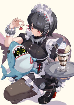 1girl 1other absurdres bangboo_(zenless_zone_zero) black_dress black_hair black_pantyhose black_shoes dress ellen_joe fins fish_tail food fruit hair_ornament hairpin highres holding holding_food holding_fruit looking_at_another maid_headdress mole mole_under_eye multicolored_hair pantyhose red_eyes red_hair shark_girl shark_tail sharkboo_(zenless_zone_zero) shoes short_hair strawberry streaked_hair tail user_jmtm3733 white_headdress x_hair_ornament zenless_zone_zero