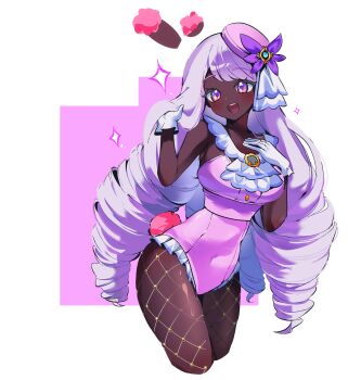 1girl absurdres animal_ears blush breasts commentary_request dark-skinned_female dark_skin ebi_(shrimp_eleven) fascinator fishnet_pantyhose fishnets gloves gold_ring hair_ornament highres jacinthe_(pokemon) large_breasts leotard long_hair looking_at_viewer low_drills mega_stone nintendo open_mouth pantyhose playboy_bunny pokemon pokemon_legends:_z-a purple_eyes purple_hair purple_leotard rabbit_ears rabbit_tail smile solo tail teeth upper_teeth_only very_dark_skin white_gloves