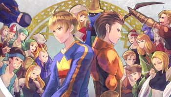 &gt;:) 6+boys 6+girls :d archer_(fft) arithmetician_(fft) armor armpits bandana black_mage black_mage_(fft) black_mage_(final_fantasy) blonde_hair blue_eyes blue_vest bow breasts brown_eyes brown_hair cape chemist_(fft) closed_eyes closed_mouth covering_face crop_top dancer_(fft) delita_heiral dragoon_(fft) dress everyone final_fantasy final_fantasy_tactics full_armor geomancer_(fft) gloves green_bandana green_cape green_pants hat headband helmet holding_together long_hair looking_at_viewer medium_breasts mohawk monk_(fft) multiple_boys multiple_girls mystic_(fft) navel ninja_(fft) one_eye_closed open_mouth orator_(fft) pants ponytail puffy_sleeves purple_hair ramza_beoulve red_eyes red_hat riou_(pooh920) samurai_(fft) short_hair shoulder_pads simple_background smile spiked_headband squire_(fft) summoner_(fft) thief_(fft) time_mage time_mage_(fft) twintails upper_body v-shaped_eyebrows vest white_cape white_hat white_hood white_mage white_mage_(fft) white_mage_(final_fantasy) wizard_hat yellow_eyes