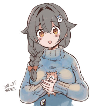 Rule 34 | 1girl, alternate costume, artist name, artist self-insert, black hair, blue sweater, brown eyes, commentary request, dated, hair flaps, hair ornament, hair over shoulder, hairclip, hamster, jingei (kancolle), kantai collection, kirisawa juuzou, kirisawa juuzou (character), simple background, smile, solo, sweater, upper body, white background