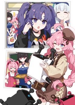 5girls ahoge black_choker black_hair black_halo black_sweater blue_archive blue_dress blue_eyes blush braid breasts brown_hat brown_skirt brown_sweater buttons choker closed_eyes dress fang food hair_ornament hairclip halo hat highres hoshino_(blue_archive) ideolo koyuki_(blue_archive) large_breasts long_hair multiple_girls noa_(blue_archive) one_eye_closed onigiri open_mouth pink_hair pink_halo pizza purple_eyes purple_hair red_eyes rio_(blue_archive) robot shirt skirt smile suspenders sweater tears twin_braids twintails white_hair white_shirt yuuka_(blue_archive)