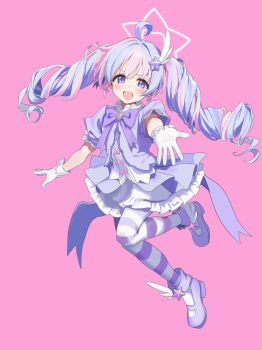 1girl absurdres blue_archive blush bow bowtie breasts dress full_body gloves hair_ornament halo hidis0086 highres long_hair looking_at_viewer magical_girl open_mouth pantyhose pink_hair purple_eyes purple_hair purple_pantyhose reisa_(blue_archive) reisa_(magical)_(blue_archive) small_breasts smile solo star_(symbol) star_hair_ornament striped_clothes striped_pantyhose twintails white_gloves