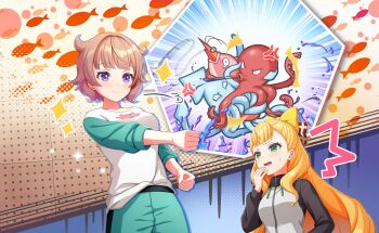 2girls blonde_hair blue_eyes blush bow brown_hair game_cg green_eyes hair_bow highres kathrina_griebel long_hair multiple_girls open_mouth pants ponytail sasuga_chisa shirt short_hair smile sweatdrop third-party_source white_shirt world_dai_star