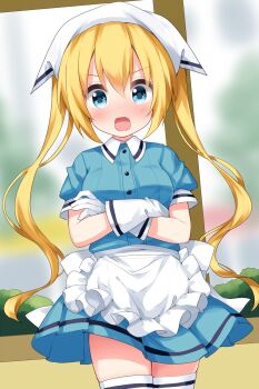 1girl apron blend_s blonde_hair blue_dress blush breasts buttons child collared_dress commentary cowboy_shot crossed_arms dress frilled_apron frills gloves hair_between_eyes headscarf highres hinata_kaho indoors long_hair looking_at_viewer medium_breasts nose_blush open_mouth ruu_(tksymkw) short_sleeves sidelocks solo thighhighs twintails v-shaped_eyebrows waist_apron white_apron white_gloves white_headscarf white_thighhighs