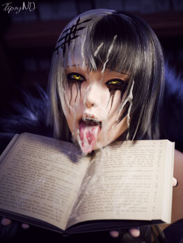1girl after_fellatio ahegao artist_name black_hair book cum cum_in_mouth cum_on_body cum_on_hair cum_on_tongue english_text facial holoadvent hololive makeup multicolored_hair runny_makeup shiori_novella tipsynd tongue tongue_out two-tone_hair virtual_youtuber white_hair yellow_eyes