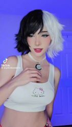 1girl animated audible_music breasts choker cosplay crop_top dancing hello_kitty heterochromia indoors luna_snow luna_snow_(cosplay) marvel marvel_rivals multicolored_eyes multicolored_hair music navel pajamas pink_pajamas real_life sanrio shirt skye_summers solo sound tagme tank_top tiktok video white_shirt