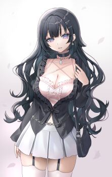 Rule 34 | 1girl, @ @, absurdres, bag, black hair, black jacket, blue eyes, breasts, choker, cleavage, collarbone, earrings, falling petals, garter straps, hair intakes, hair ornament, hairclip, handbag, highres, jacket, jewelry, lloule, long hair, looking at viewer, medium breasts, midriff peek, necklace, open clothes, open jacket, original, parted lips, pearl earrings, pearl necklace, petals, pink nails, pink shirt, purple eyes, shirt, simple background, skirt, sleeveless, sleeveless shirt, solo, thighhighs, wavy hair, white background, white skirt, white thighhighs