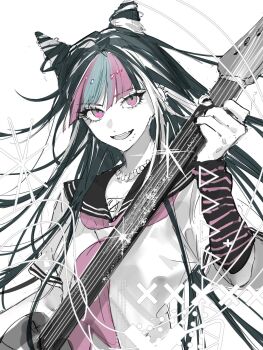1girl black_hair blue_streaks commentary_request danganronpa_(series) danganronpa_2:_goodbye_despair ear_piercing face_piercing fang gloves guitar hair_horns highres holding holding_guitar holding_instrument instrument jewelry lip_piercing long_hair looking_at_viewer mioda_ibuki mouth_piercing multicolored_hair multiple_piercings neckerchief necklace open_mouth piercing pink_eyes pink_hair pink_neckerchief pink_streaks sailor_collar scene_fashion school_uniform scrunchie sequential_piercings shirt short_sleeves simple_background smile solo streaked_hair striped_clothes striped_gloves triangle white_background white_hair white_streaks wrist_scrunchie x_(symbol) yoruirooo777