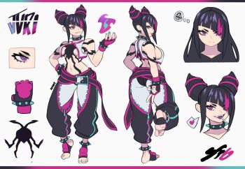 1girl :p ass black_hair blue_nails breasts character_name reference_sheet collar commentary diagonal_bangs full_body gloves hair_down hair_horns han_juri heart holding_flame large_breasts lokigun looking_at_viewer medium_hair model_sheet multicolored_hair multiple_views navel pink_eyes pink_hair sidelocks smile spider_tattoo spiked_collar spiked_gloves spikes spoken_heart spoken_squiggle squiggle streaked_hair street_fighter street_fighter_6 tattoo teeth toes tongue tongue_out v