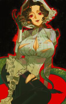 1girl :d absurdres anjo_nala arm_support black_background black_hair black_skirt breasts button_gap cleavage clip_studio_paint coif corset fang feet_out_of_frame gloves green_gloves green_tail hamra_(hamcommis) hand_up highres large_breasts lizard_tail long_skirt open_mouth pinstripe_pattern pinstripe_shirt red_eyes reverse:1999 shirt skirt smile solo striped_clothes striped_shirt tail torn_clothes torn_shirt torn_skirt vertical-striped_clothes vertical-striped_shirt white_corset white_shirt