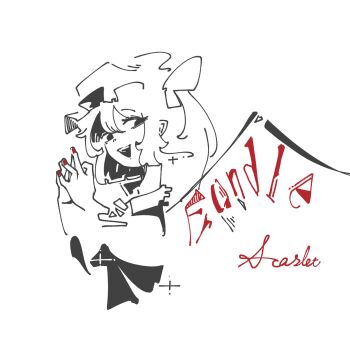 Rule 34 | 1girl, 3ma can omochi, character name, flandre scarlet, hat, hat ribbon, highres, limited palette, mob cap, open mouth, red nails, ribbon, short hair, side ponytail, solo, touhou, white hat, wings