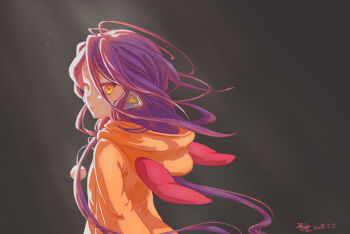 1girl :< android animal_hoodie from_side fuzzy_balls grey_background hair_between_eyes hood hoodie long_hair looking_at_viewer no_game_no_life no_game_no_life_zero purple_hair robot_ears shuvi_(no_game_no_life) very_long_hair yellow_eyes